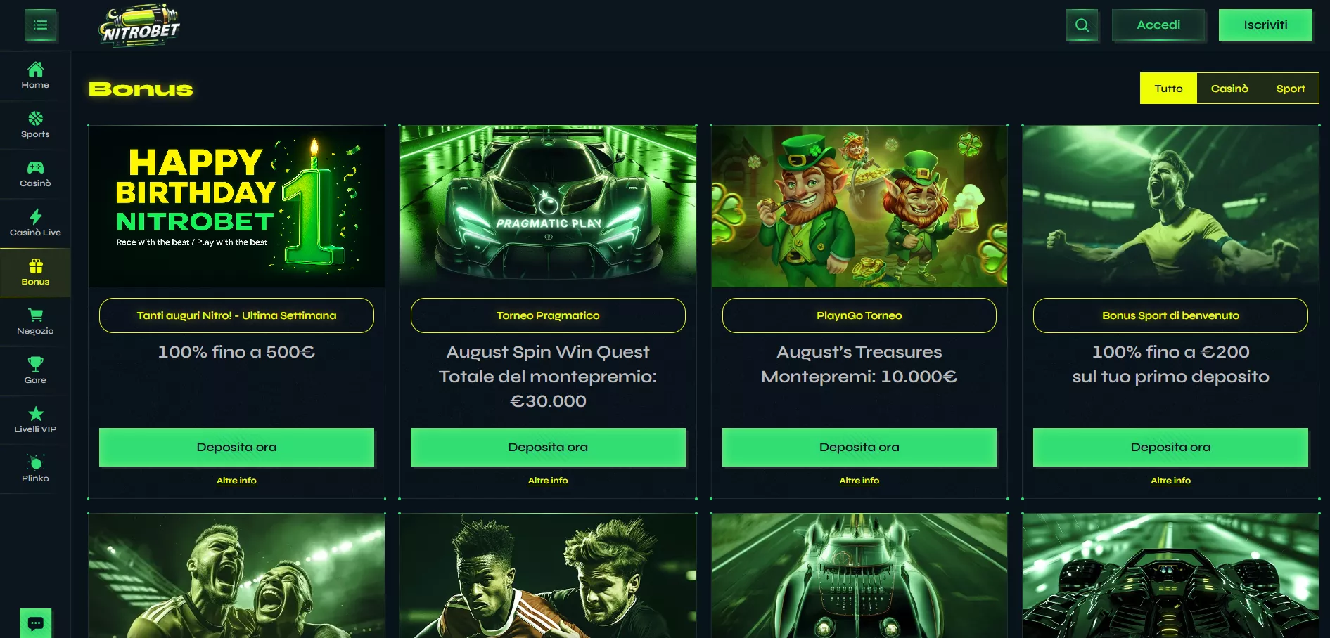 Pagina delle promozioni di Nitrobet
